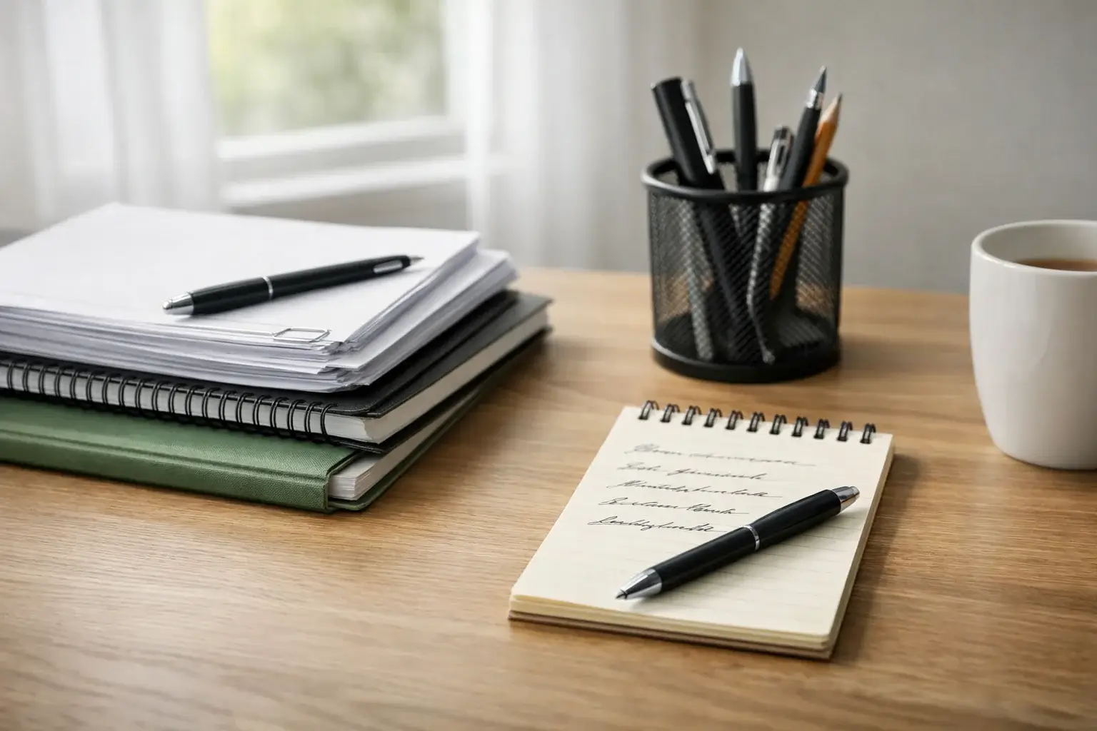 Ordentlich organisierter Schreibtisch mit Wettunterlagen