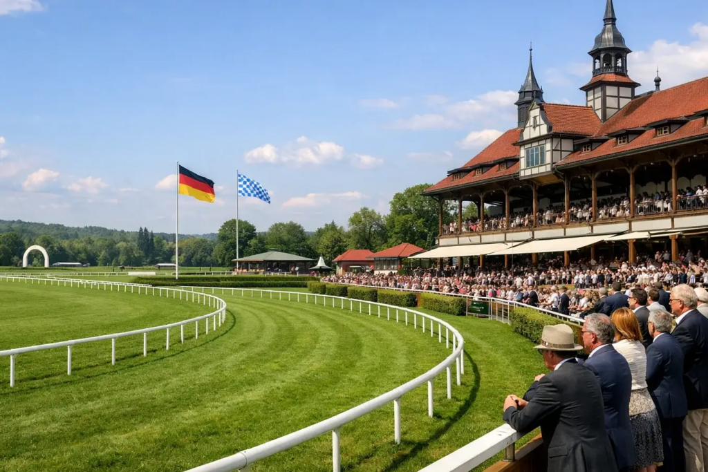 Panoramaansicht einer deutschen Galopprennbahn mit Tribüne und Publikum