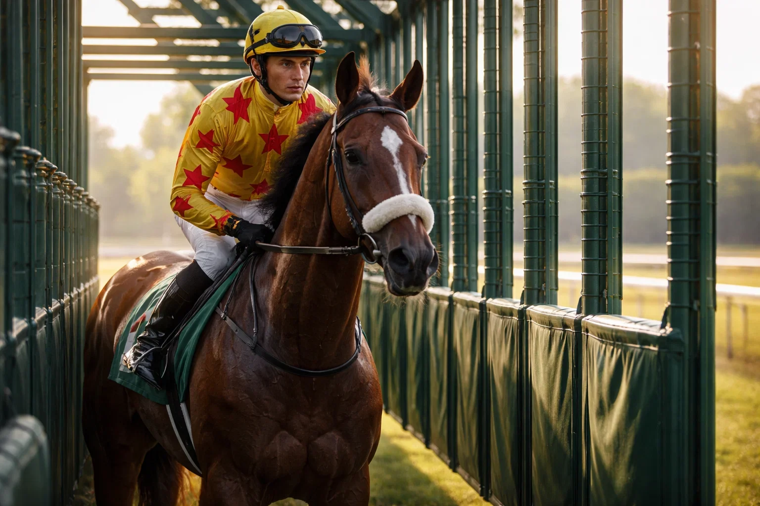 Jockey auf einem Rennpferd in den Startboxen vor einem Galopprennen