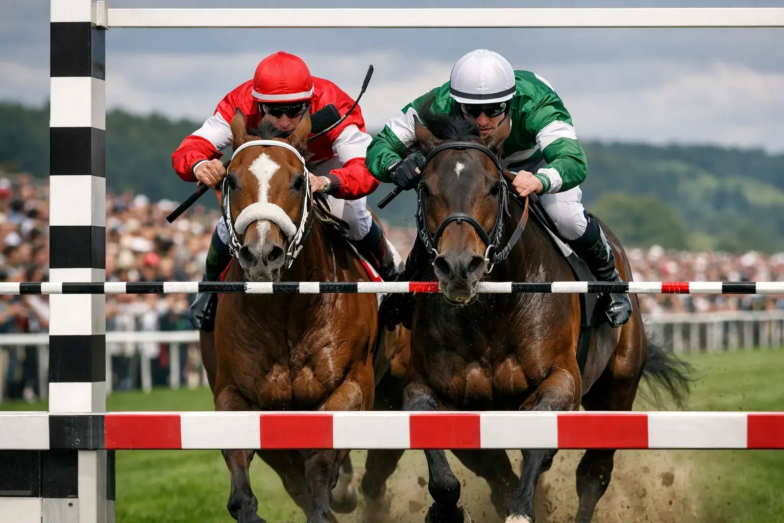 Zwei Pferde im knappen Zieleinlauf bei Pferderennen