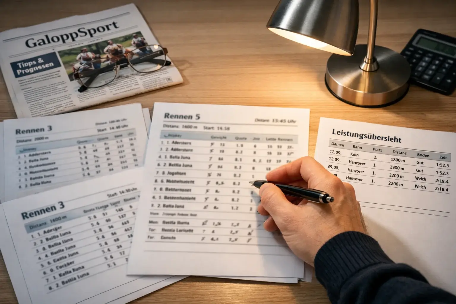 Analyst studiert Rennprogramm und Pferdestatistiken am Schreibtisch