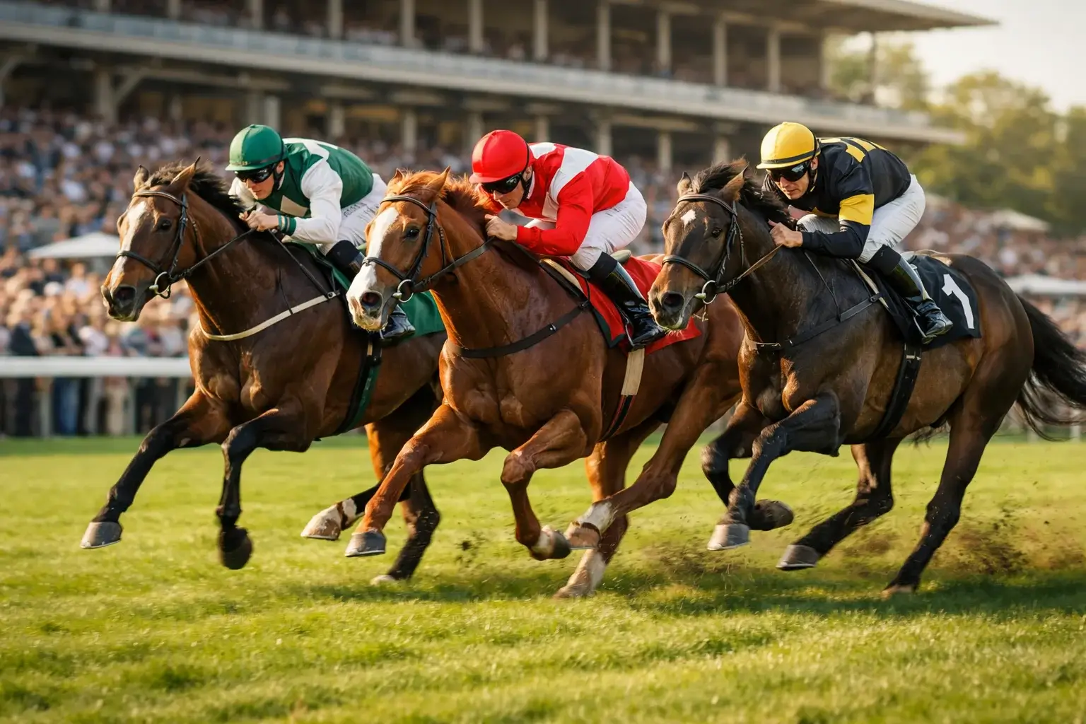 Galopprennen auf der Zielgeraden mit Jockeys im Finish