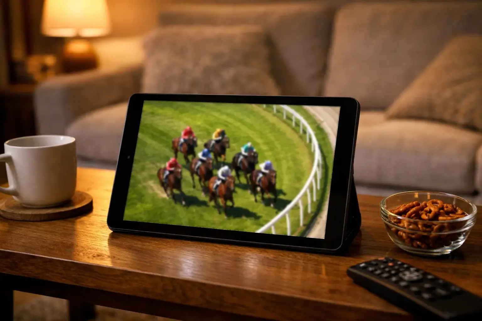Tablet zeigt Live-Übertragung eines Galopprennens