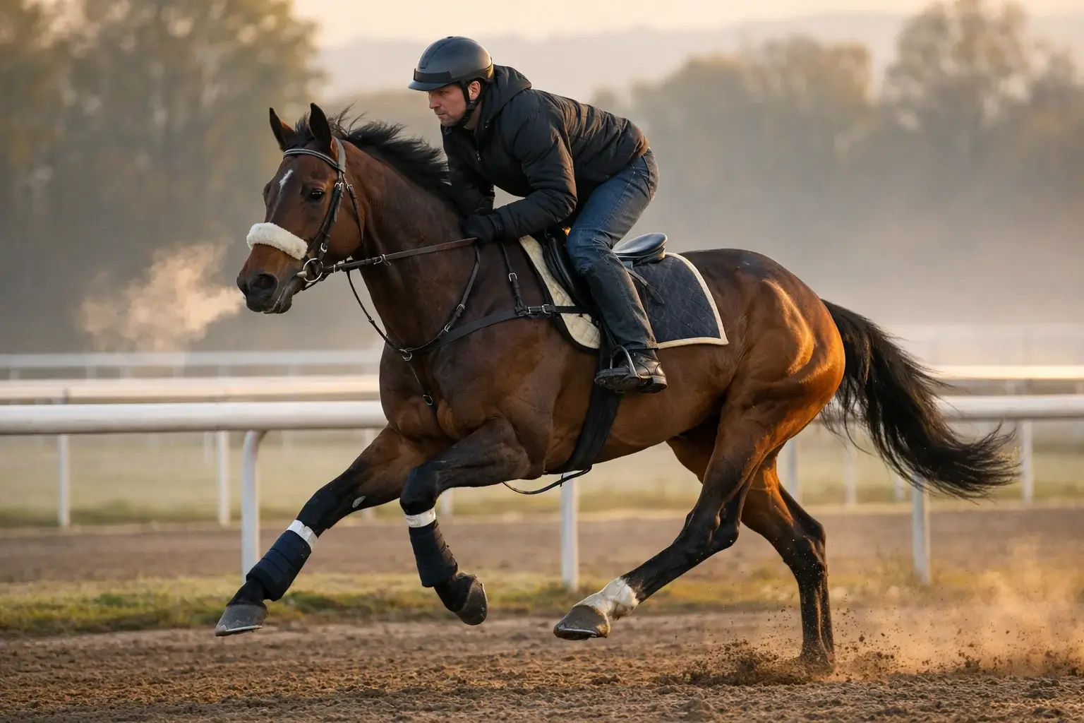 Rennpferd in voller Aktion während des Trainings auf der Bahn