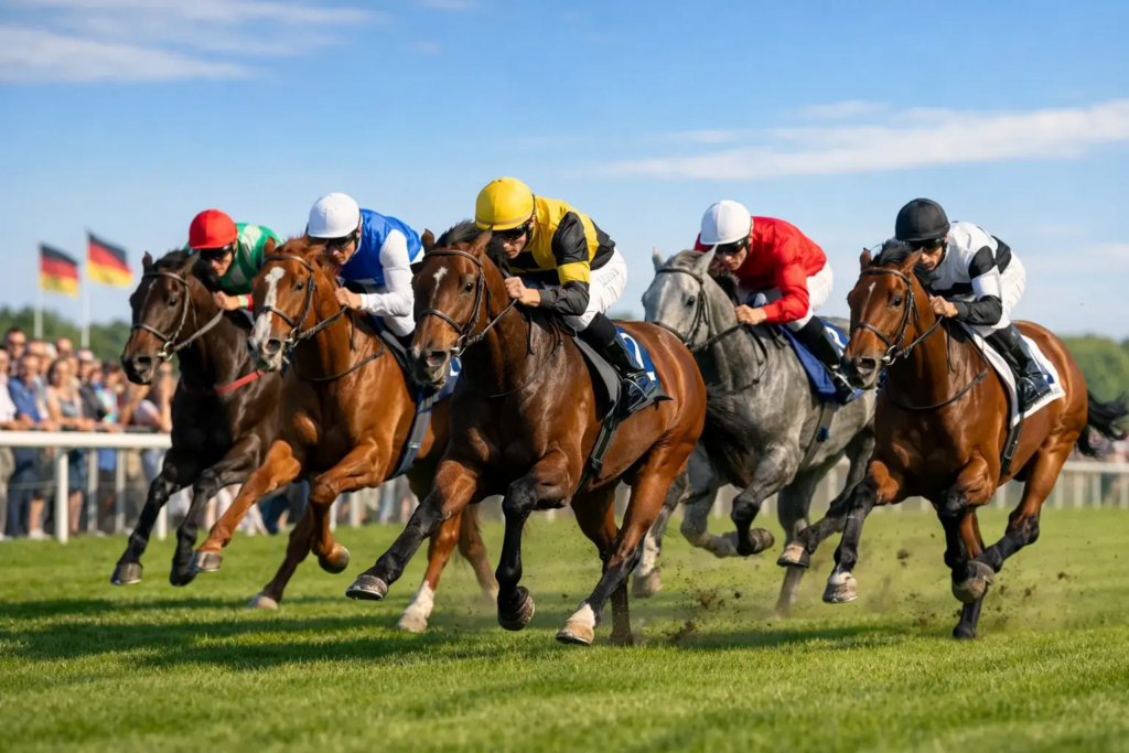 Galopprennen mit Jockeys auf der Zielgeraden einer deutschen Rennbahn