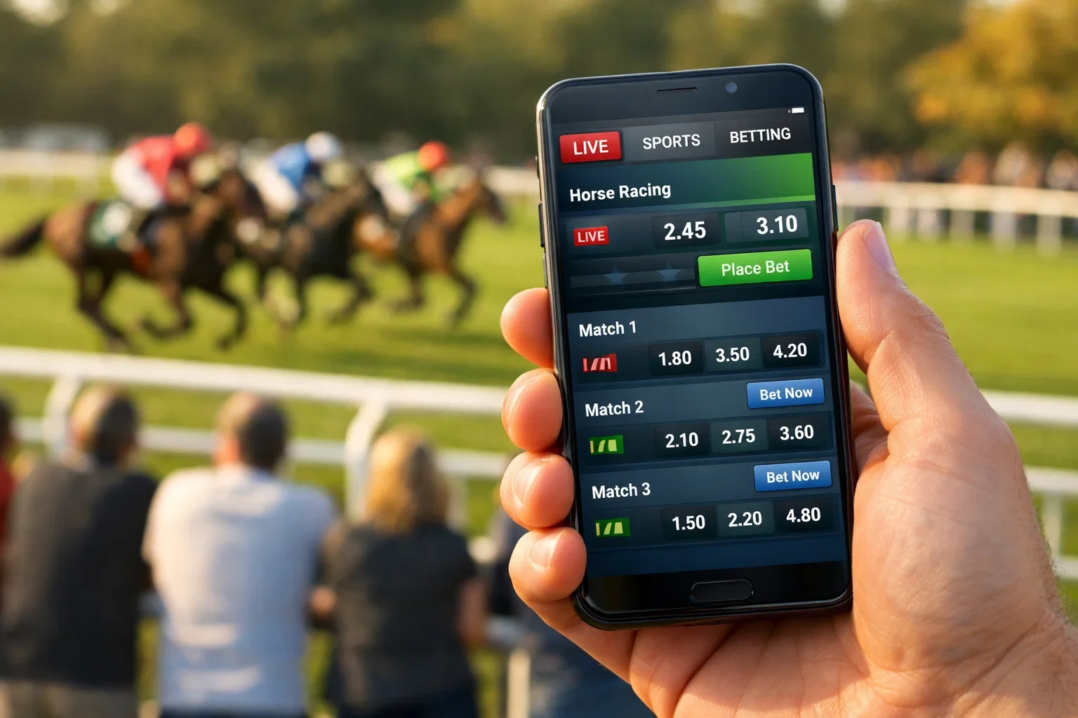 Pferdewetten App auf einem Smartphone mit Pferderennen im Hintergrund