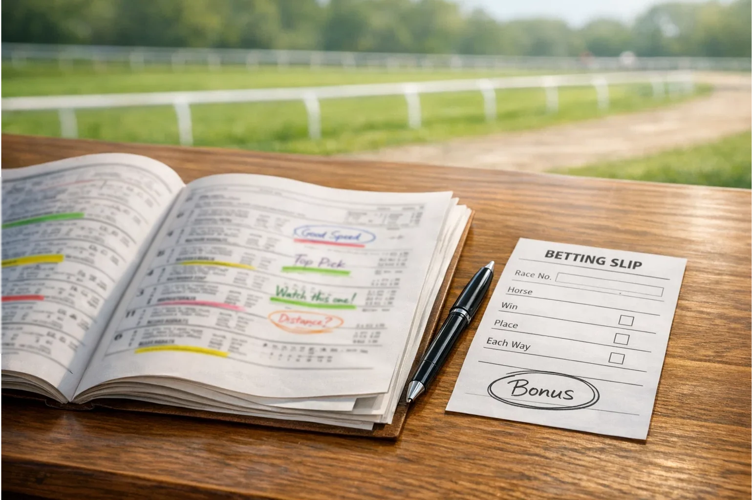 Pferdewetten Bonus Vergleich — Dokumente und Wettschein auf einem Schreibtisch neben einer Pferderennbahn