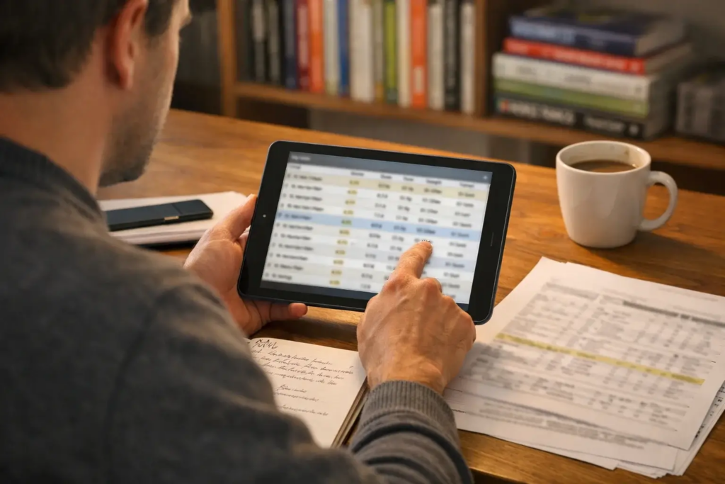 Person analysiert Rennstatistiken und Jockey-Daten für Pferdewetten