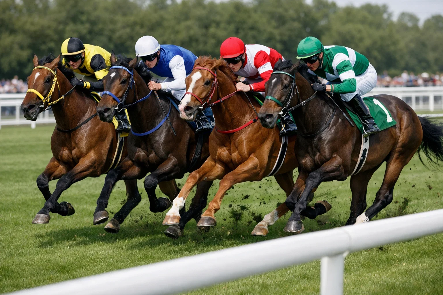 Pferde im engen Kampf um die vorderen Plätze auf der Galopprennbahn