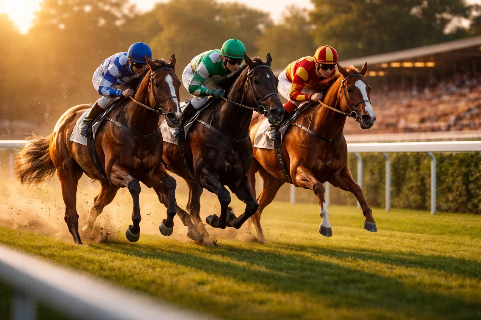 Drei Pferde im Galopp auf einer Rennbahn – Symbol für Systemwetten mit mehreren Auswahlen