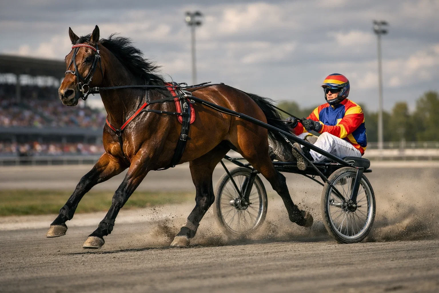 Trabrennsport auf einer deutschen Trabrennbahn – Sulky-Fahrer mit Traber auf der Sandbahn