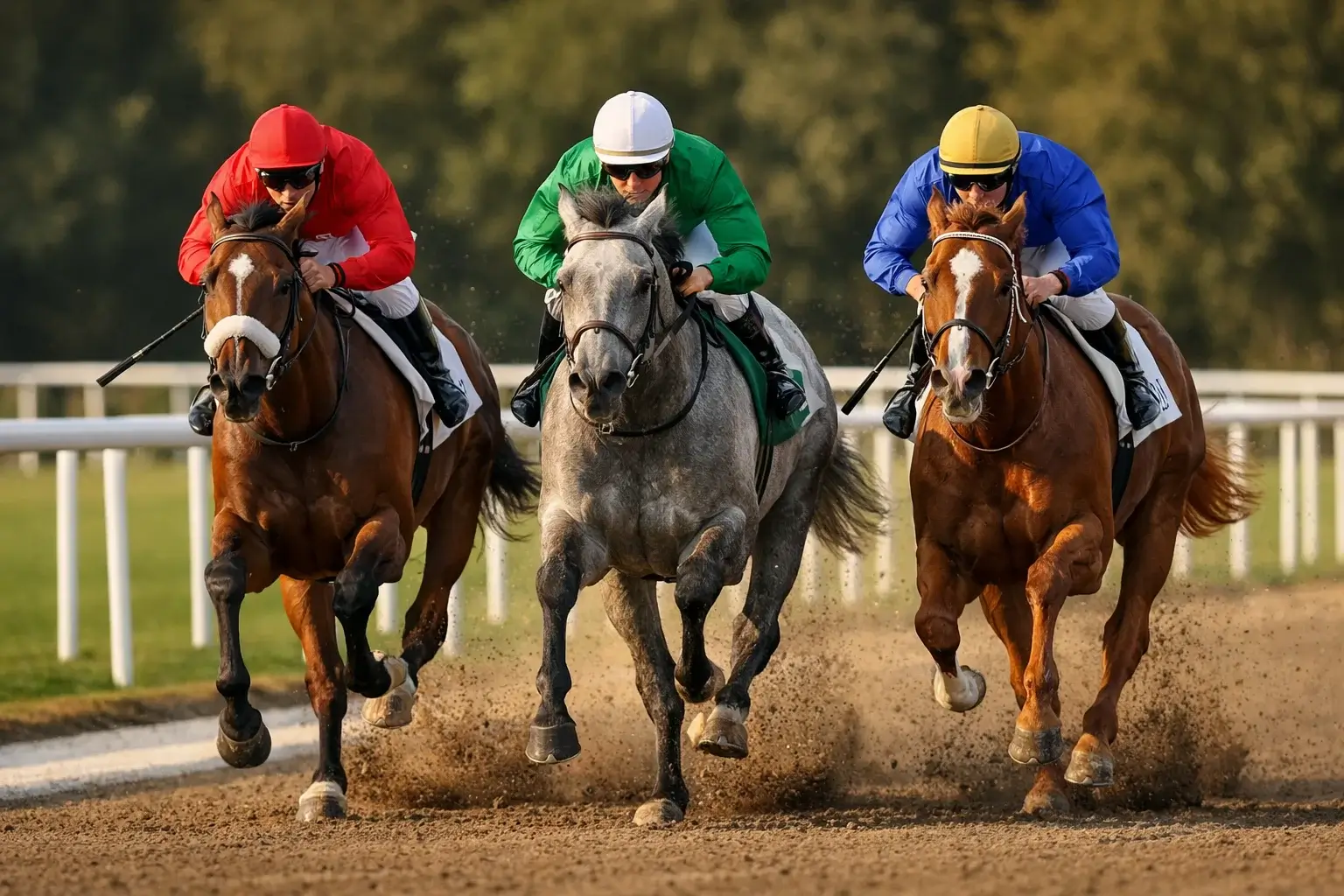 Drei Pferde kämpfen um die vorderen Plätze auf der Rennbahn
