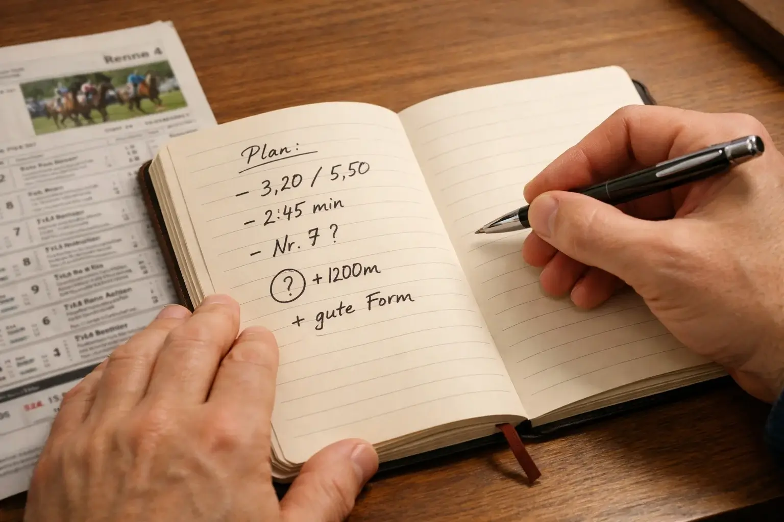 Person notiert Wettanalyse mit Stift in Notizbuch